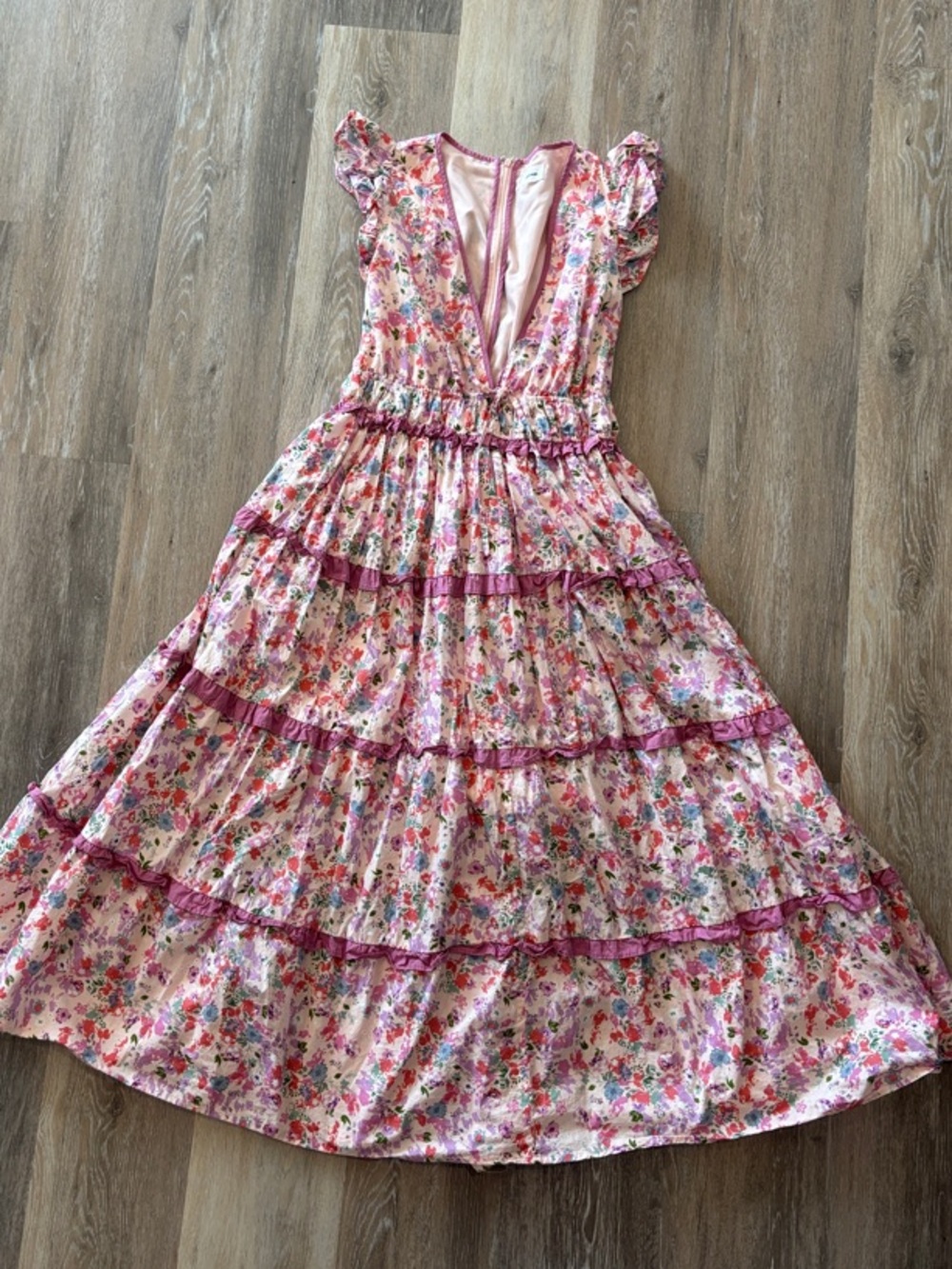 Floral Tiered Pink Ruffle Maxi Dress Plunging Neckline